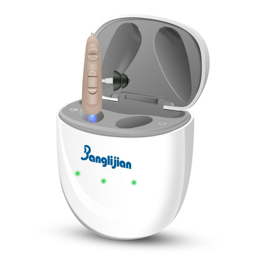 Banglijian Rechargeable RIC Hearing Aids, 12 Channels, Digital Noise Cancelling, Magnetic Charging (Left Side, Beige)