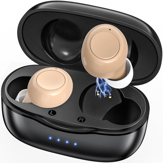 Elite Hearing Aids for Seniors, Rechargeable, Noise Reduction, Portable Charging Case (Brown)